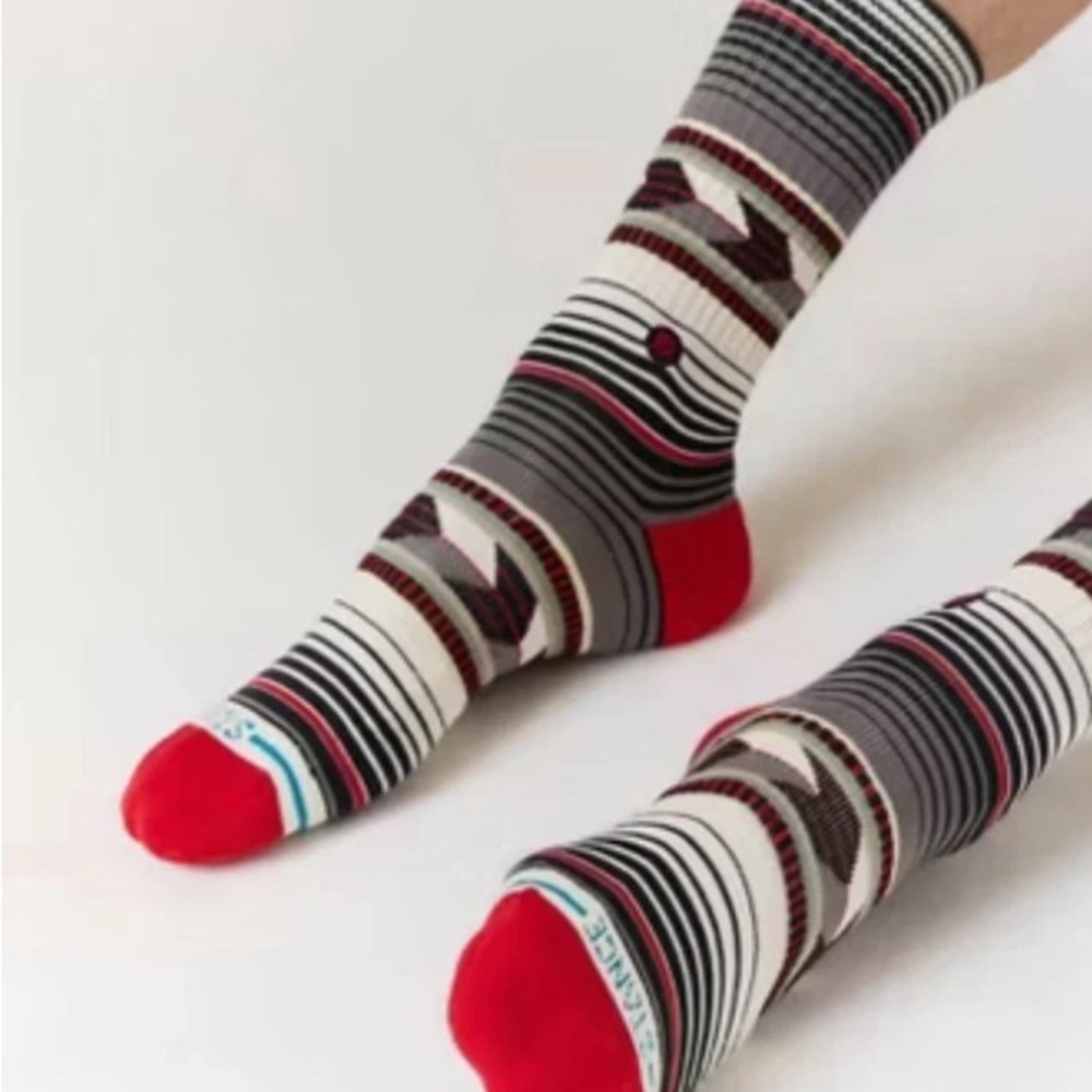 Stance Men's Crew Socks - Red, Gray, White & Black Stripe Pattern Large